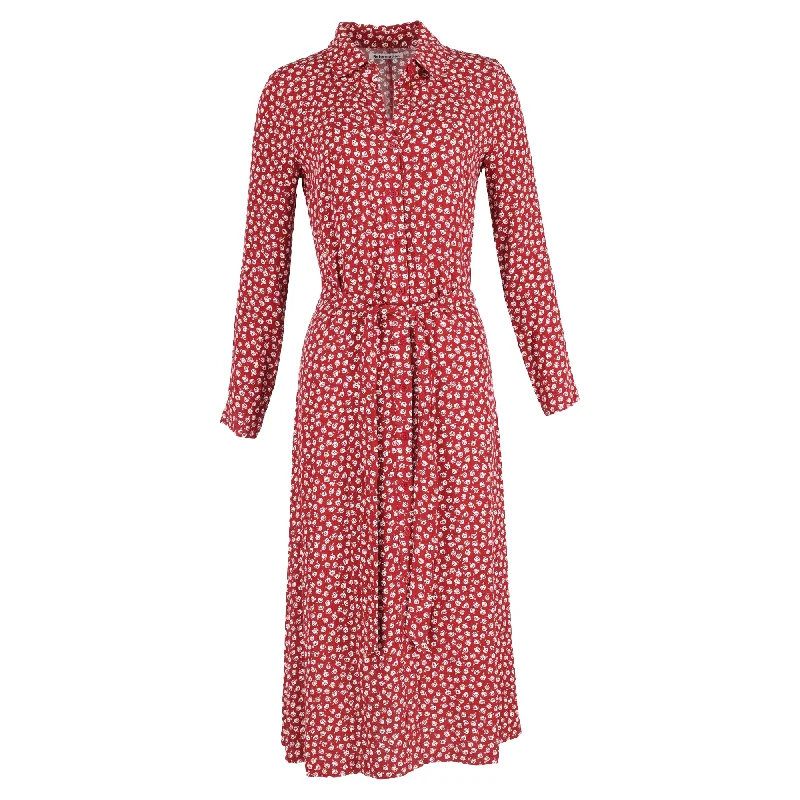 Women's Clothing Apparel Sets Casual Elegance Reformation Floral Print Tie Waist Shirt Dress in Red Viscose