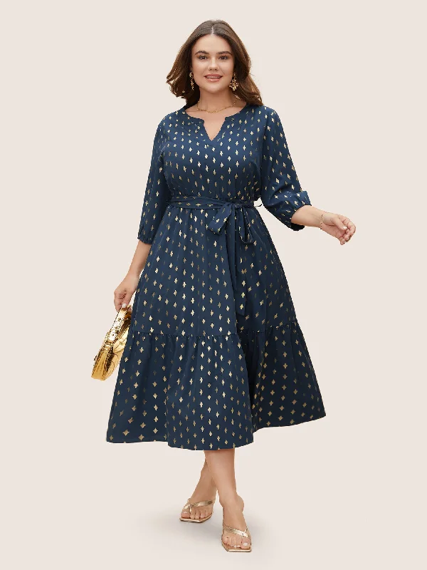 Women's Trendy Casual Outfit Subtle Sophistication Glitter Notched Lantern Sleeve Midi Dress