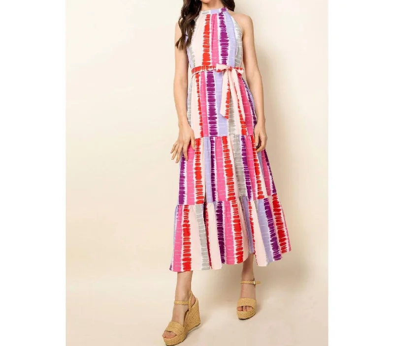 Fashionable Women's Casual Apparel Casual Elegance Tie Dye Tiered Maxi Dress In Pink