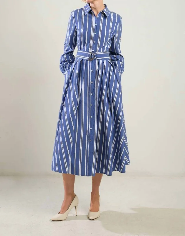 Elegant Women's Evening Garments Disco - Inspired Retro Dance Look Anderson Striped Shirt Midi Dress In Blue/white/gold