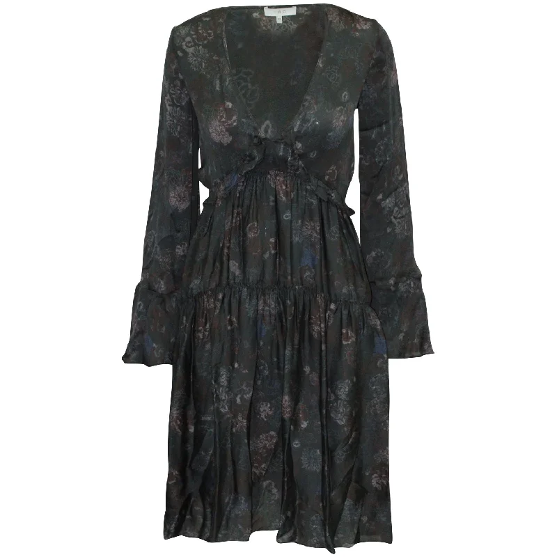 Formal Garments For Women Feminine Soft - Hued Look Iro 'Ciclone' Tiered Floral Long-sleeved Dress in Black Silk