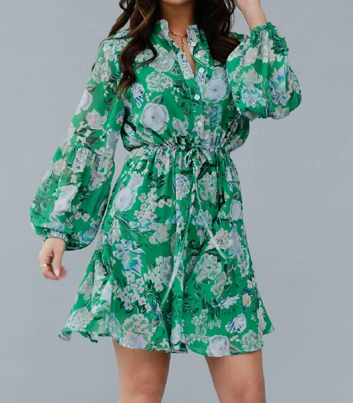 Women's Outfit Minimalist Office - Ready Style Floral Dress In Green