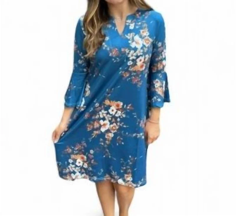 Women's Garments Chic Urban Fashion Look Floral Print Dress In Blue/Brown