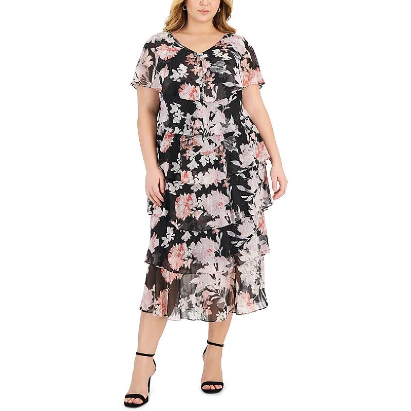 Women's Seasonal Clothes Now on Sale for Chic Urban Styles Plus Womens Floral Print Ruffle Midi Dress