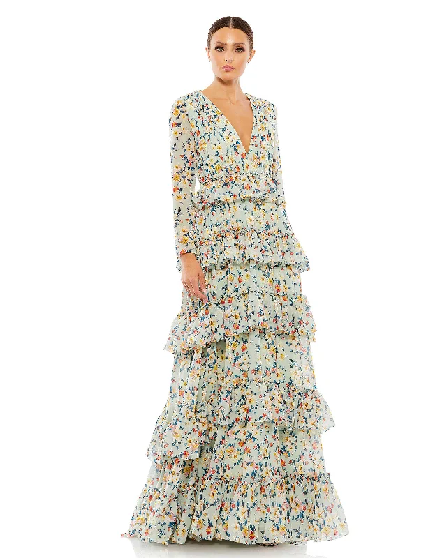 Women's Contemporary Clothing Classic Charm Floral Printed Tiered Ruffle Long Sleeve Gown