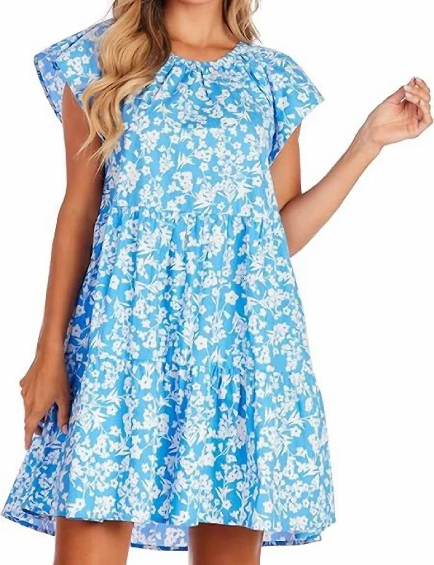 Women's Stylish Vacation Attire Ethnic Cultural Event Wear Rachel Tiered Dress In Blue Ditsy Floral