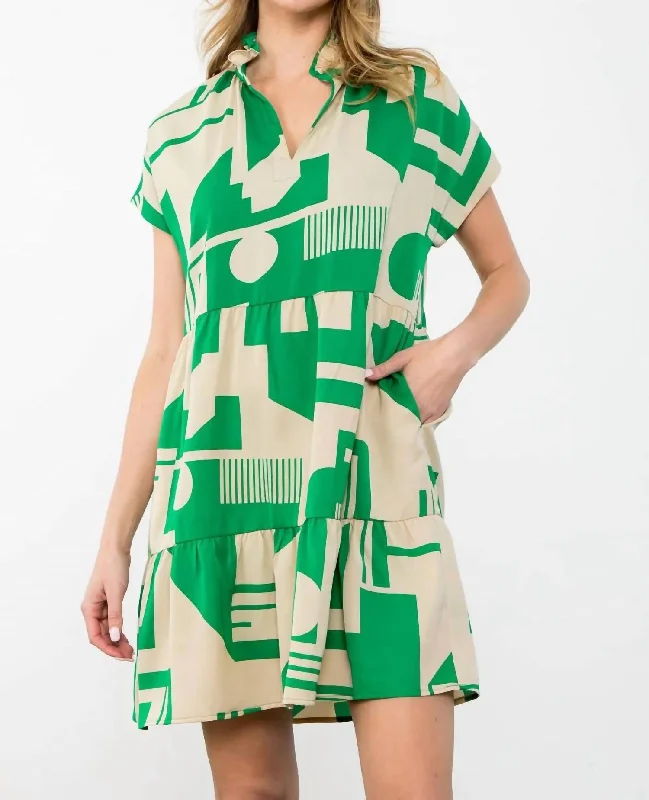 Women's Formal Event Clothing Effortless Sophistication Short Sleeve Print Midi Dress In Green