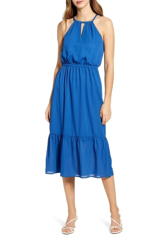 Women's Elegant Garments Feminine Flow Womens Day Living Halter Midi Dress In Blue