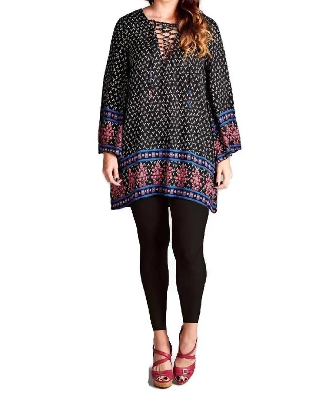 Stylish Women's Outerwear Apparel Romantic Detailing Border Print Floral Bohemian Tunic/dress In Black