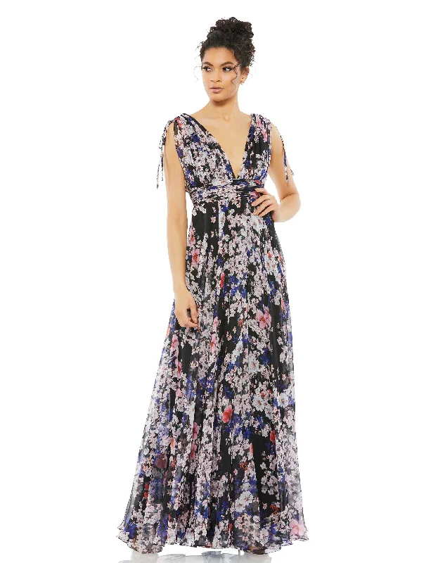 Women's Urban Clothing Feminine Grace Floral Tie Shoulder V-Neck Maxi Dress