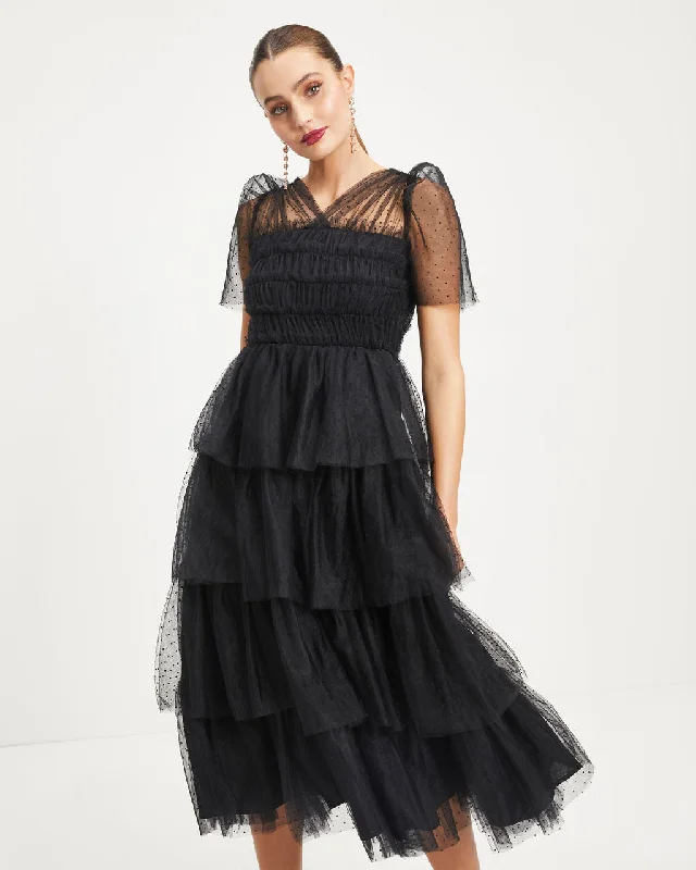 Women's Clothes For The Office Subtle Sophistication Night At The Opera Tulle Tiered Polka Dot Maxi Dress