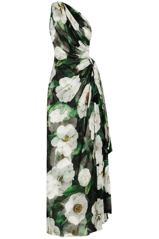 Women's Outerwear Garments Feminine Soft - Hued Look Dolce & Gabbana Women's Long One-Shoulder Floral Silk Dress