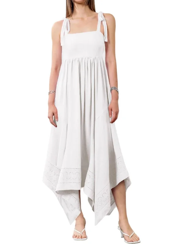 Women's Travel Apparel Feminine Grace Shoulder Tie Midi Dress In White