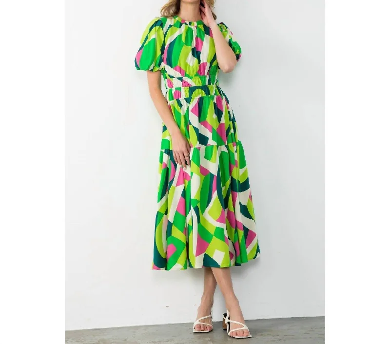 Modern Women's Apparel Winter Warm - Up Sale Puff Sleeve Multi Color Maxi Dress In Green