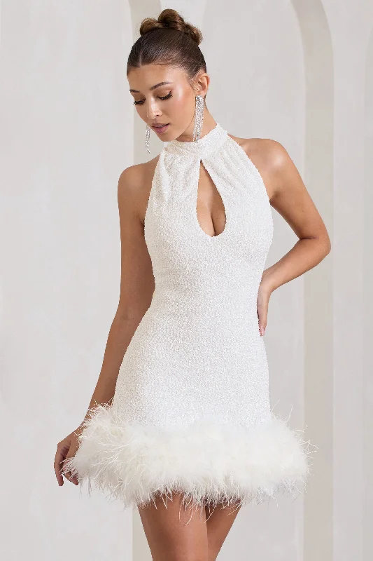 Women's Holiday Apparel Limited - Time Bundle Tillie | White Sequin High Neck Trapeze Mini Dress With Feather Hem Detail