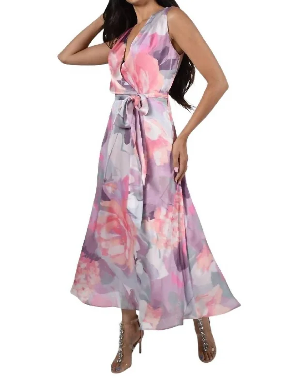 Women's Activewear Apparel Save on Inspired Styles Sleeveless Floral Print Wrap Dress In Lilac/pink