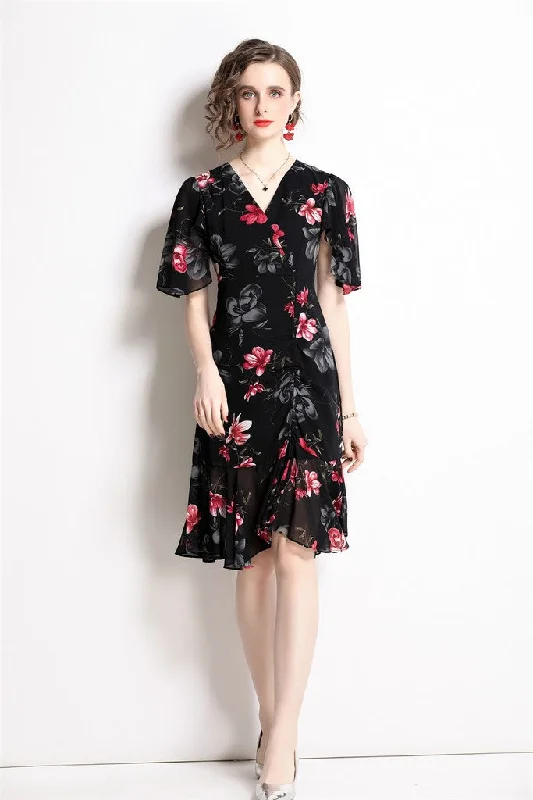 Elegant Women's Attire Soft Textures Black & Floral print A-line Above Knee Women`s Day Dress