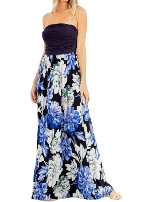 Women's Casual Apparel For Weekends Charming Silhouette Floral Print Sleeveless Maxi Dress In Navy