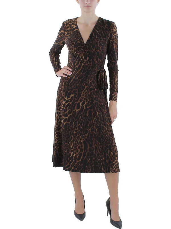 Women's Floral Print Outfit Fashion-Forward Style Womens Side Tie Animal Print Midi Dress