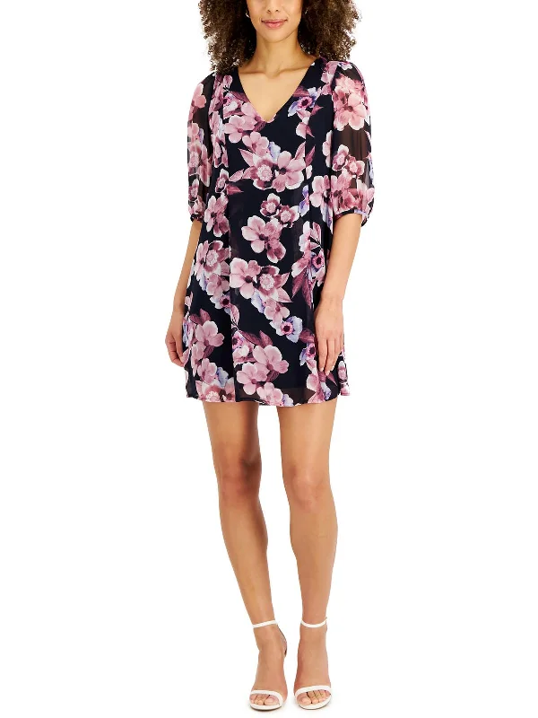 Women's Professional Attire Luxury Comfort Petites Womens Floral Print Mini Fit & Flare Dress