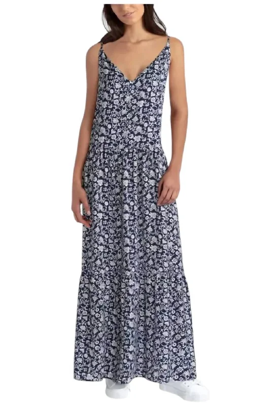 Women's Seasonal Apparel Urban Sophistication Floral Batik Tiered Maxi Dress In Navy/white