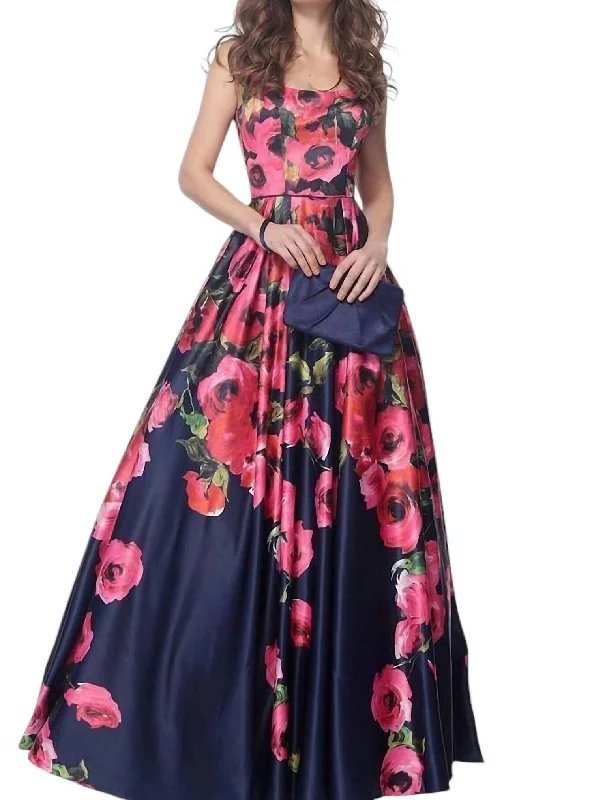 Women's Comfortable Apparel Luxury Comfort Floral Print Evening Gown In Navy