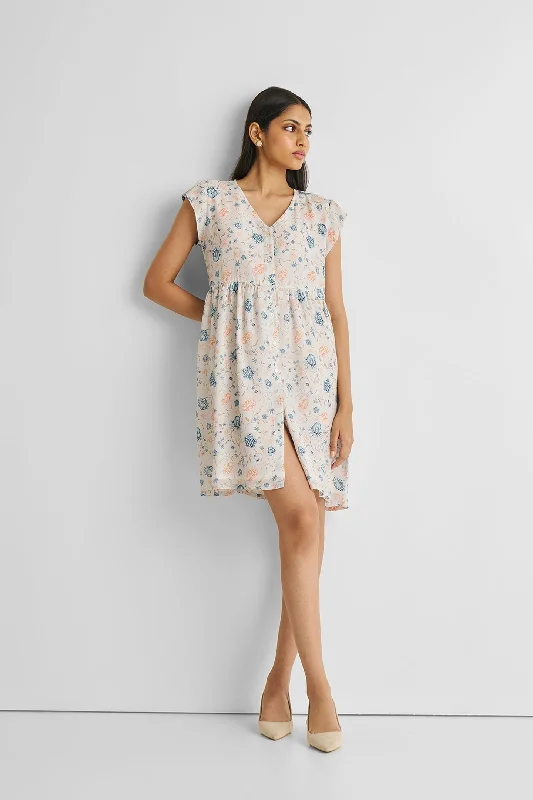 Women's Classic Attire Minimalist Office - Ready Style Cap Sleeved Short Dress in Florals