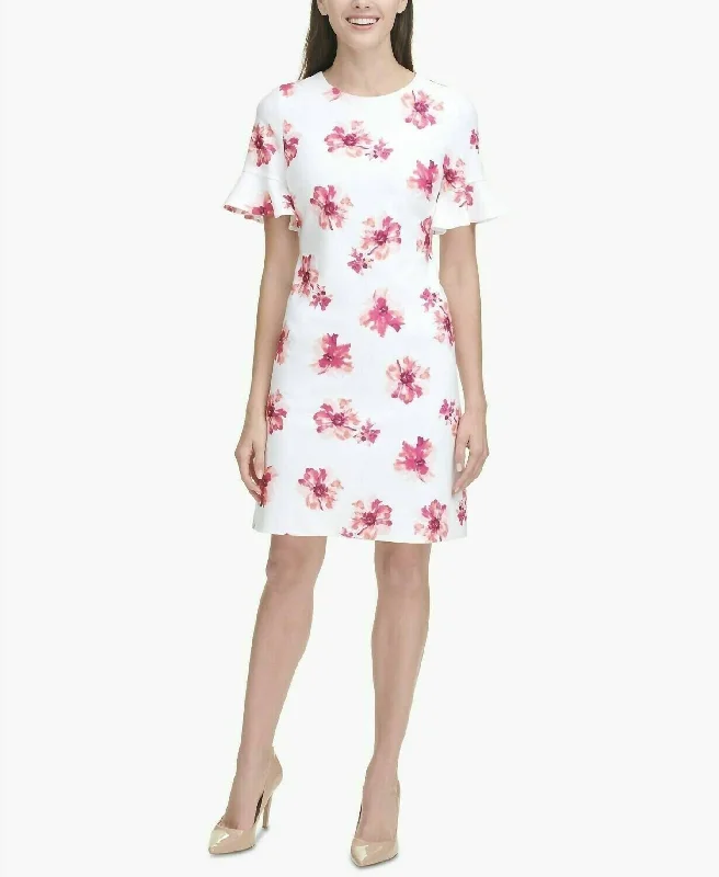 Women's Trendy Apparel Flowy Fabric Floral Bell-Sleeve Scuba Dress In White, Pink