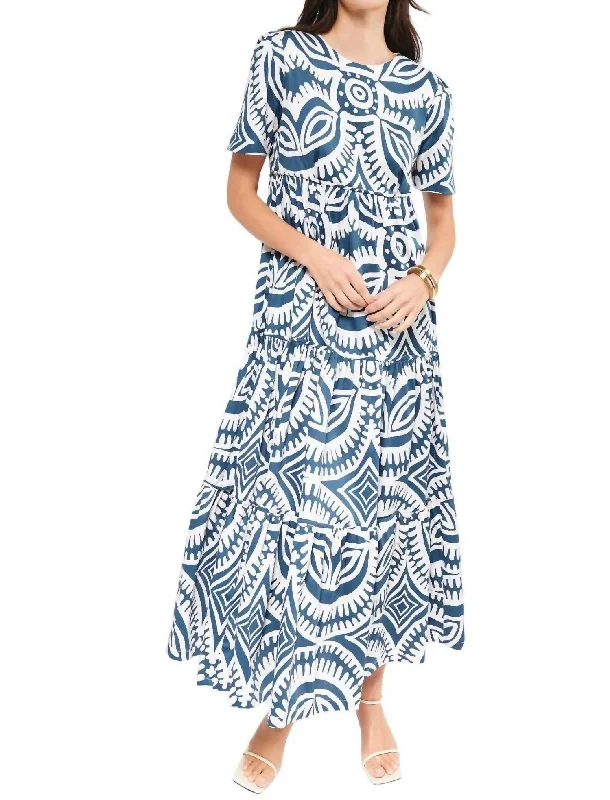 Women's Vintage-Inspired Outfit Vintage Retro Party Wear Alfarero Midi Dress In Blue Tribal Motif