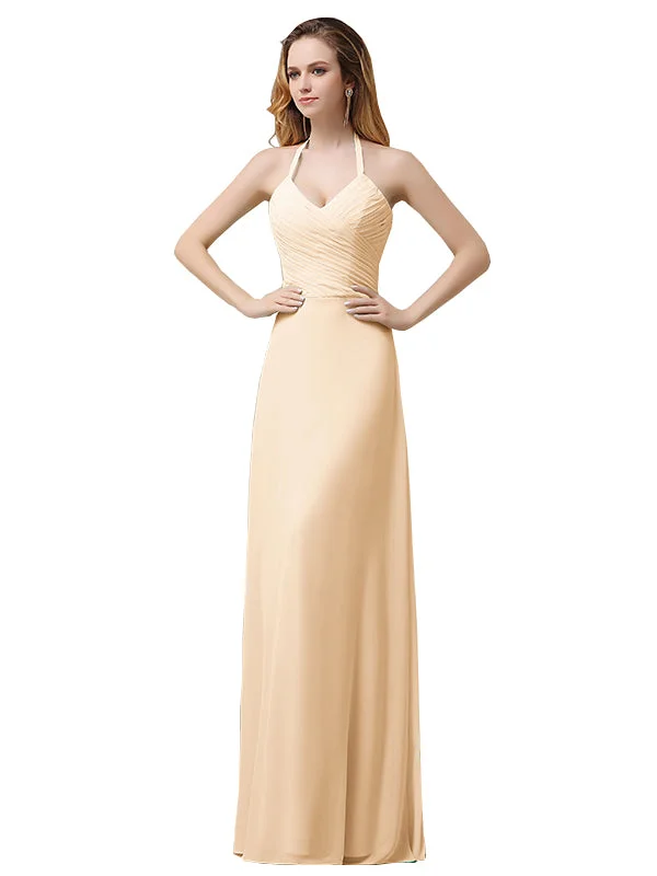 Women's Chic Outerwear Attire Beat the Heat in Tropical Styles Halter Chiffon A-line Sleeveless Floor-Length Long Bridesmaid Dresses