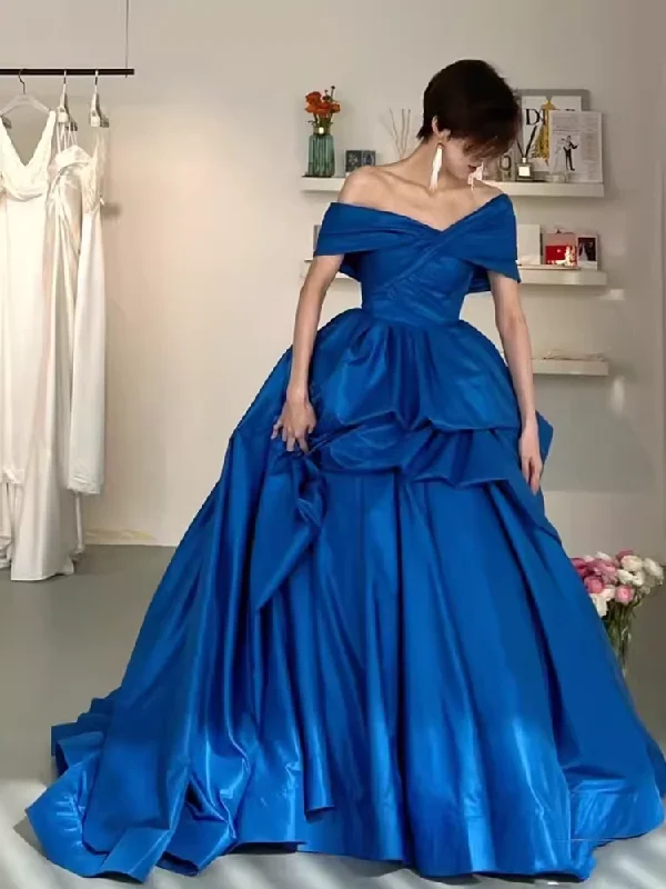 Women's Clothing Apparel Sets Disco - Inspired Retro Dance Look Simple Ball Gown Royal Blue Satin Long Prom Dresses C101