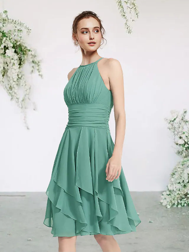 Vintage-Inspired Garments Feminine Elegance Bridesmaid Dress Jewel Neck Sleeveless Elegant Short  Mini Chiffon with Pleats  Cascading Ruffles