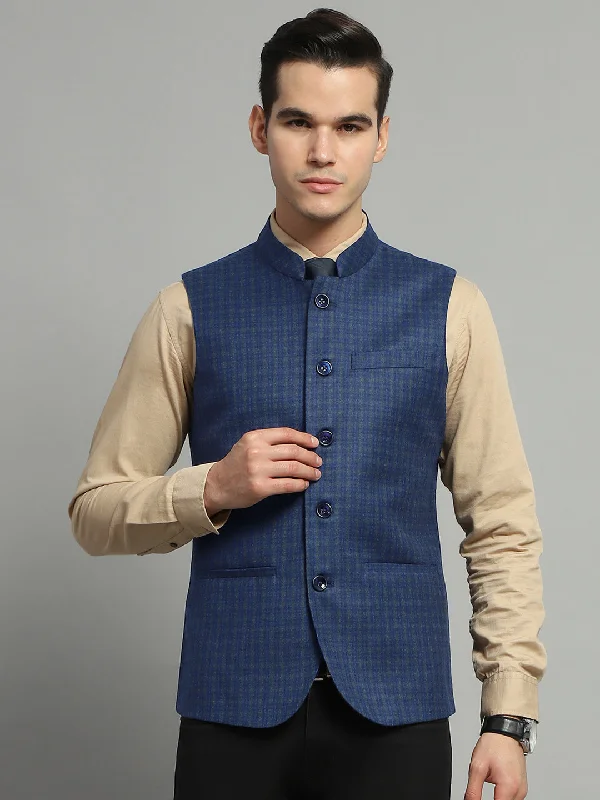 High-Fashion Women's Clothing Today Only Men Blue Solid Band Collar Sleeveless Jacket