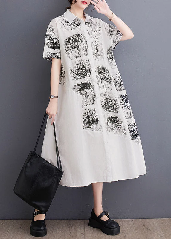 Women's Trendy Outfit Seasonal Trend Women White Peter Pan Collar Print Long Shirt Dress Summer