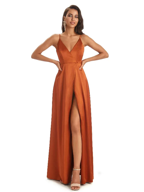 Fashionable Women's Clothing Hollywood Glam Award - Show Style Spaghetti Straps V-neck Soft Satin Side Slit Long Modern Bridesmaid Dresses Online