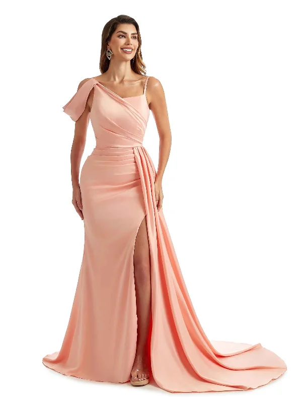 Formal Attire For Women Grab Romantic Date - Night Styles Now Sexy Side Split Asymmetric Long Satin Boho Formal Bridesmaid Dresses Online