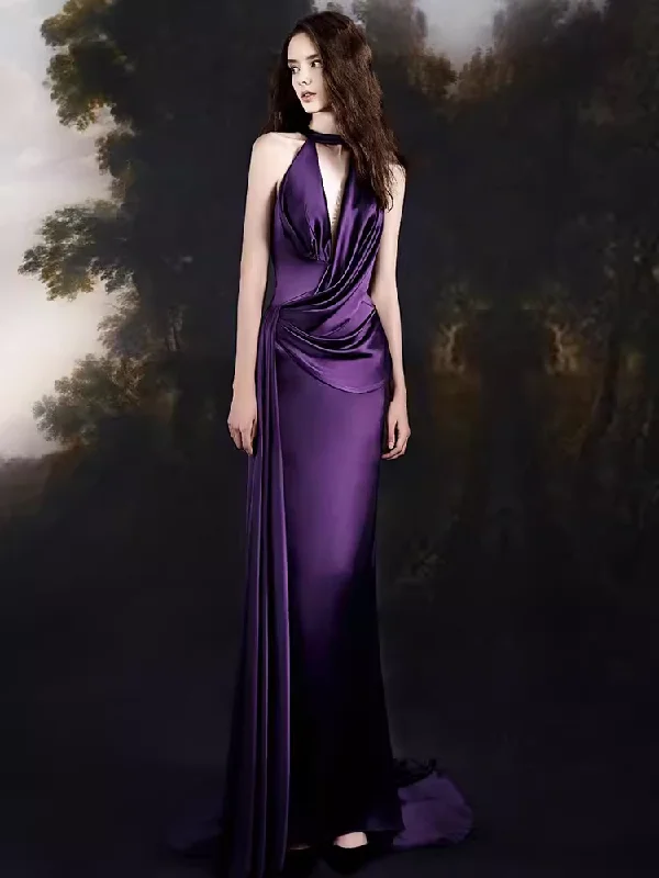 Women's Chic Outerwear Outfit Minimalist Office - Ready Style Sexy Mermaid High Neckline Grape Satin Long Prom Dresses Birthday Outfits C228