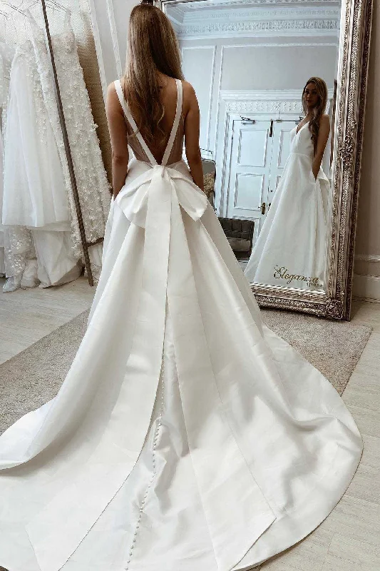 Chic Women's Garments Minimalist Office - Ready Style White Bow-Back A-Line Long Wedding Gown