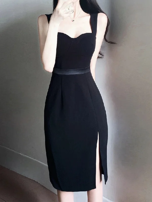 Women's Seasonal Clothing Classic Timeless Elegant Style Elegant Sheath Straps Black Split Satin Prom Dress Birthday Outfits C3652