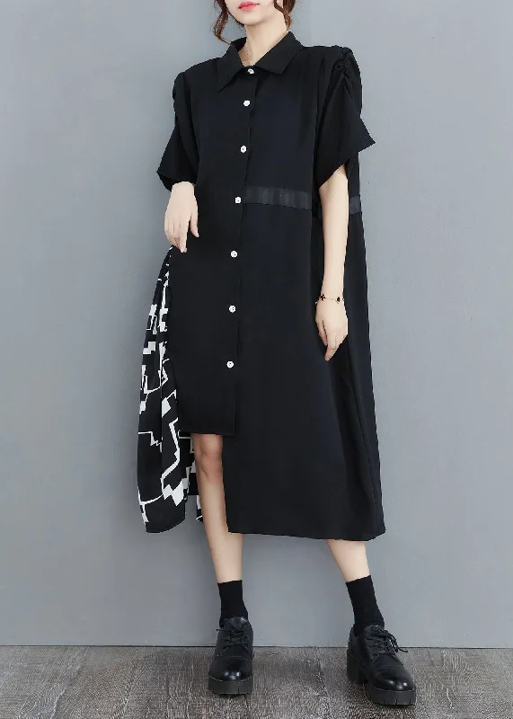 Women's Workout Garments Rustic Countryside Charm Look Women Black Peter Pan Collar Asymmetrical Print Patchwork shirt Dresses Half Sleeve