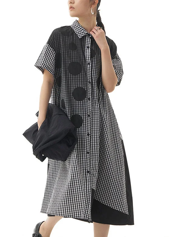 Women's Casual Wear Outfit Fashion-Forward Style Fine Black Plaid Dot Patchwork Cotton Party Long Shirt Dress Summer