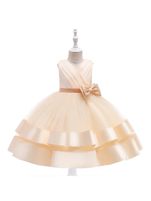 Women's Classic Outfit Bold Patterns Ball Gown V-Neck Sleeveless Flower Girl Dresses with Bow Knot