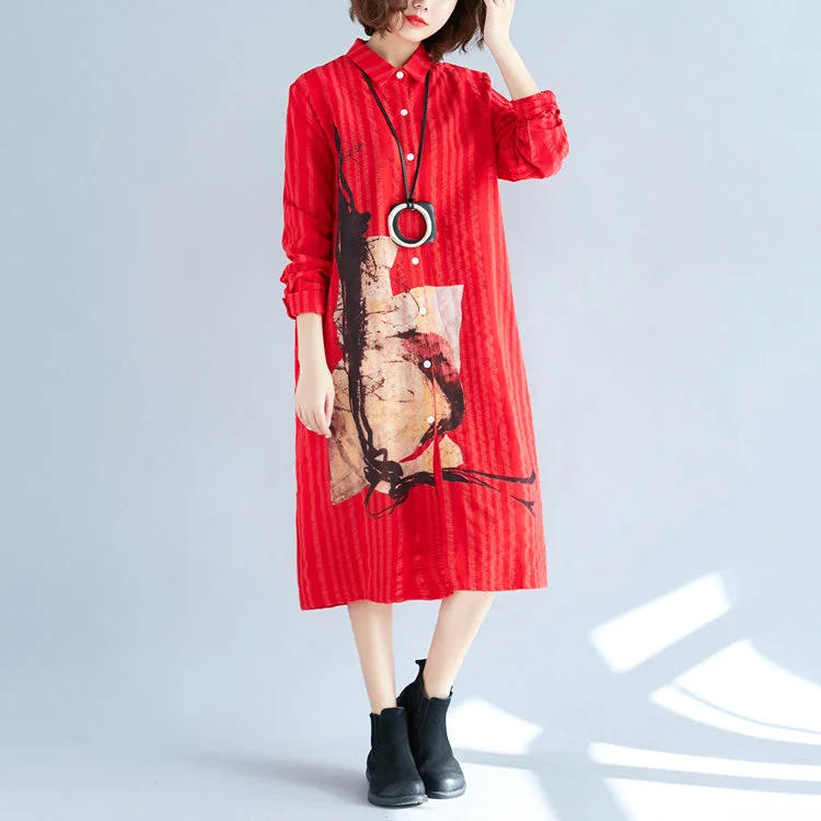 Fashionable Women's Outfit Rustic Countryside Charm Look women red cotton shift shirt dresses plus size holiday dresses Elegant long sleeve Turn-down Collar cotton shirt dress