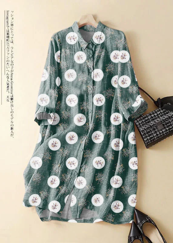 Women's Floral Print Outfit Disco - Inspired Retro Dance Look Fashion green polka dots Embroidered Patchwork Linen Shirt Dress Summer