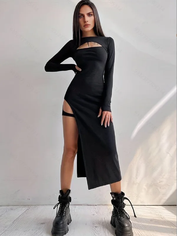 Comfortable Lounge Clothing Graceful Drape Long Sleeve Cut Out Midi Bodycon Dress HB02961