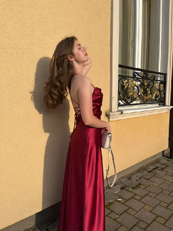 Women's Classic Outfit Sophisticated Cut Modest A Line Spaghetti Straps Backless Burgundy Satin Long Prom Dresses Evening Dress C3054