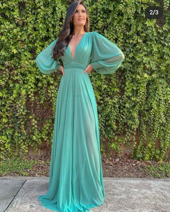 Women's Chic Outfit Anniversary Sale Long Sleeves Deep V Neck Chiffon Long Evening Prom Dress Y7198