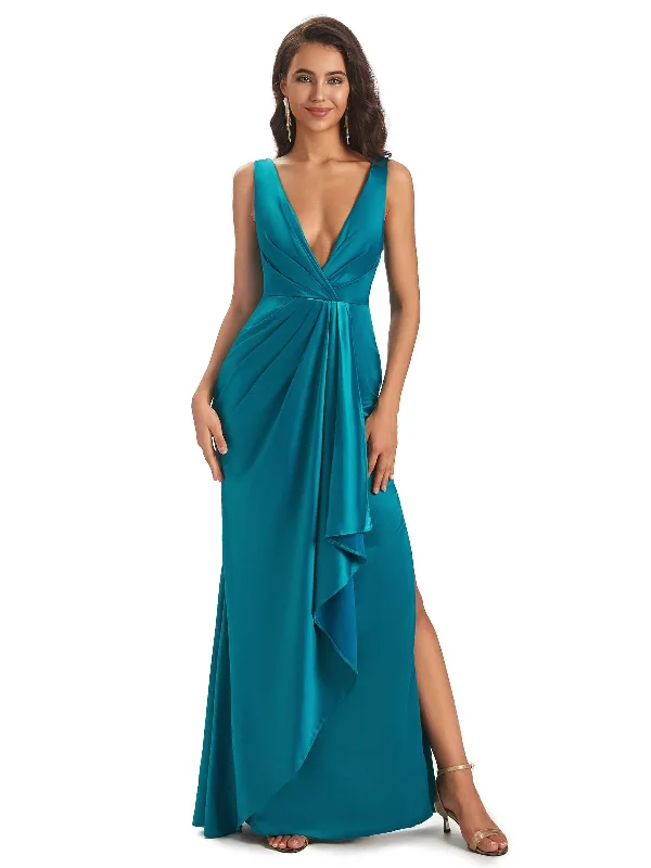 Women's Tailored Outfit Minimalist Office - Ready Style Sexy Soft Satin Side Slit V-neck Floor-Length Long Bridesmaid Dresses Online