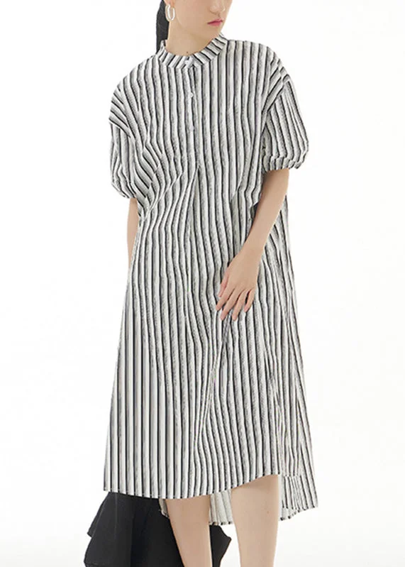 Women's Clothing Outfit Set Classic Charm Women Black Striped Side Open Cotton Vacation Long Shirt Dresses Summer