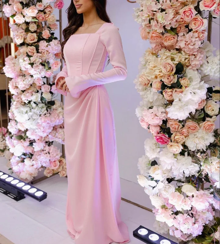 Stylish Women's Garments Early Access to Art Deco Styles Sale Classy Pink Square Neckline Column Evening Dress with Long Sleeves Y4798